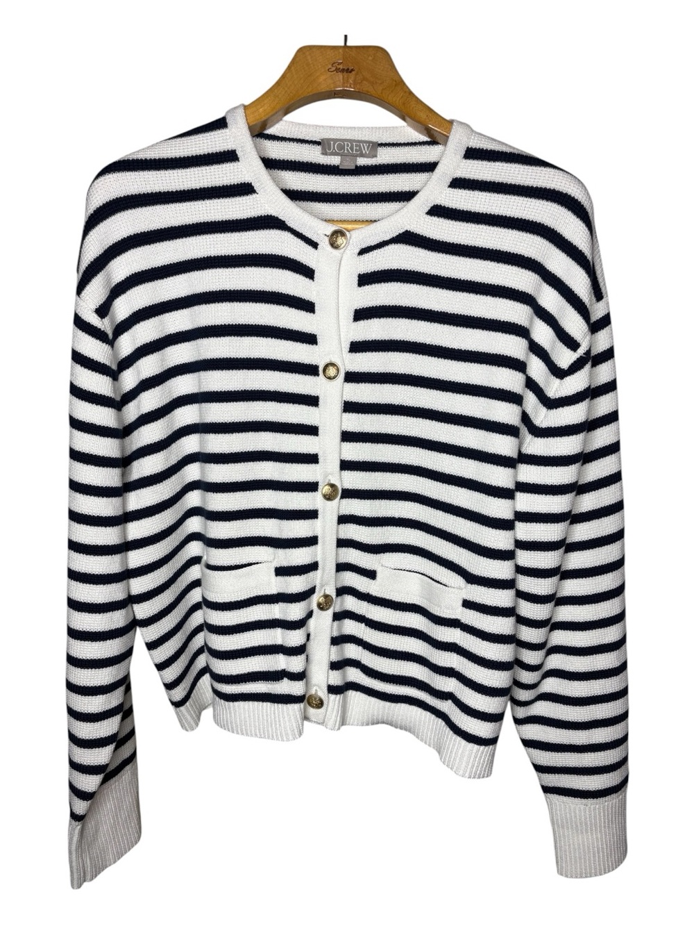J. Crew Relaxed Emilie Sweater Jacket Natural Navy Stripe Cardigan XL Boxy - Picture 3 of 10